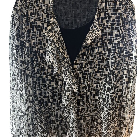 Chicos Black & White Geometric Ruffle Blouse Size 1 = M Sheer Lightweight - Picture 5 of 11